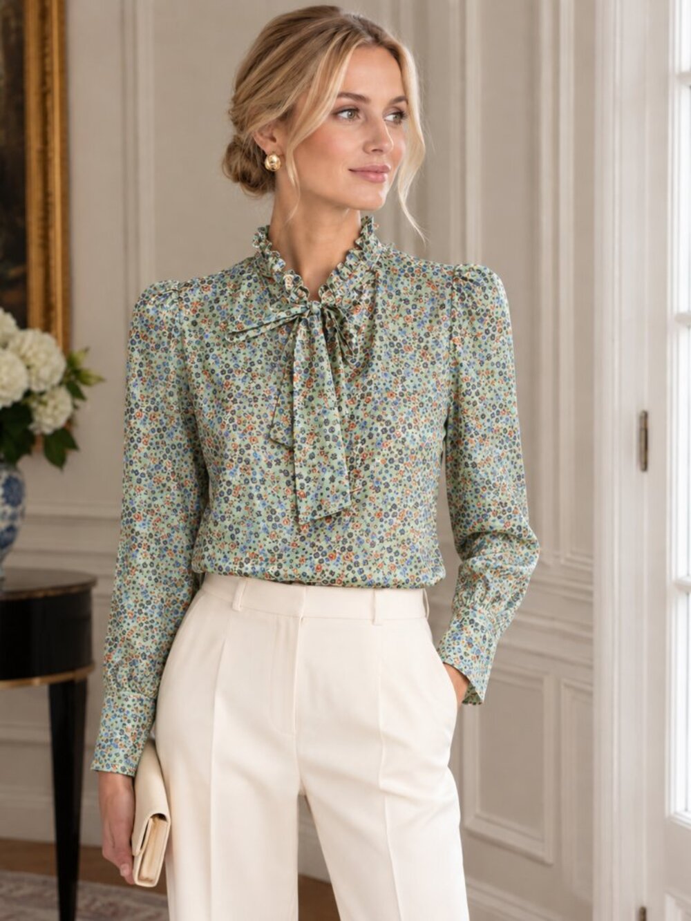 NWT Sandro 100% Silk Floral Tie Neck Blouse ditsy green elegant vintage formal 2